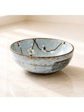 Hand-Painted Blue Floral Ceramic Bowl - 6" Diameter - Vintage Japanese Tableware